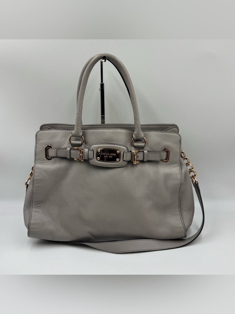 Michael Kors Light Gray Leather Tote with Gold Hardware